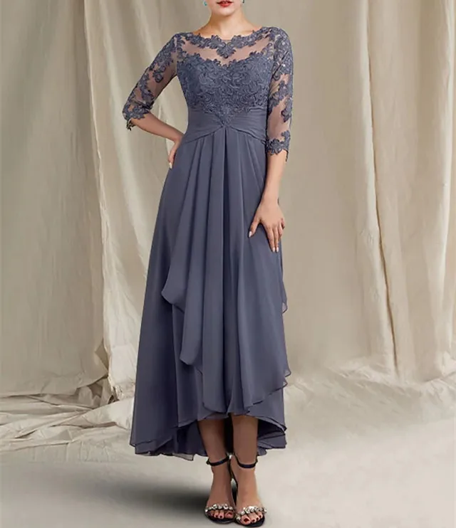 Customized A-Line Lace Mother of the Bride Dresses Jewel Neck Asymmetrical Ankle Length Chiffon 3/4 Sleeve with Ruffles