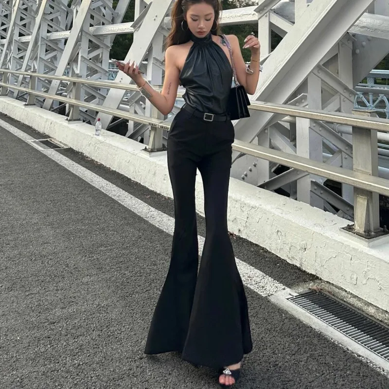 Oshfall ヨーロッパとアメリカのホットガールズ 2024 夏の新ソリッドカラーハイウエストロングスリムフレアパンツ女性のカジュアルパンツ