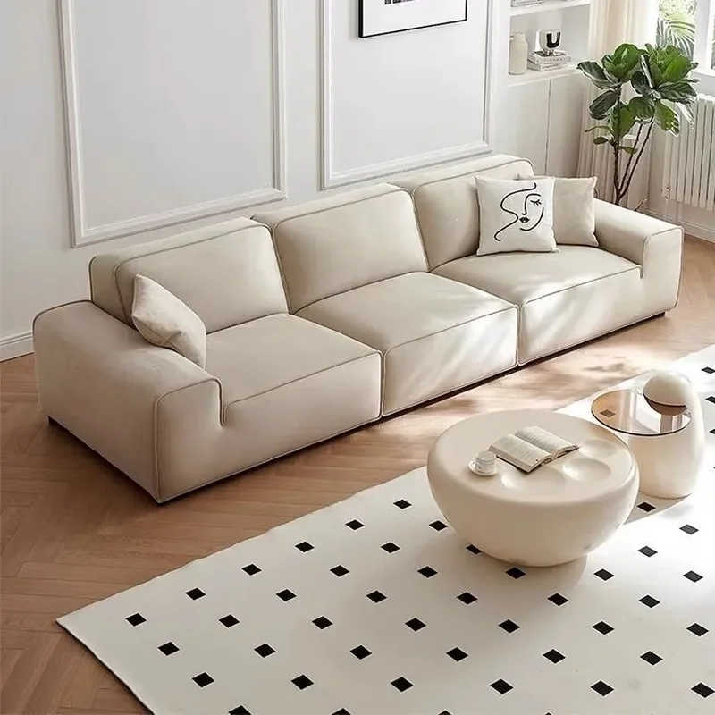 New Large Black Leather Sofa Italian Style Cat Scratching Resistant Living Room Furniture Simple Cream Color Straight Design