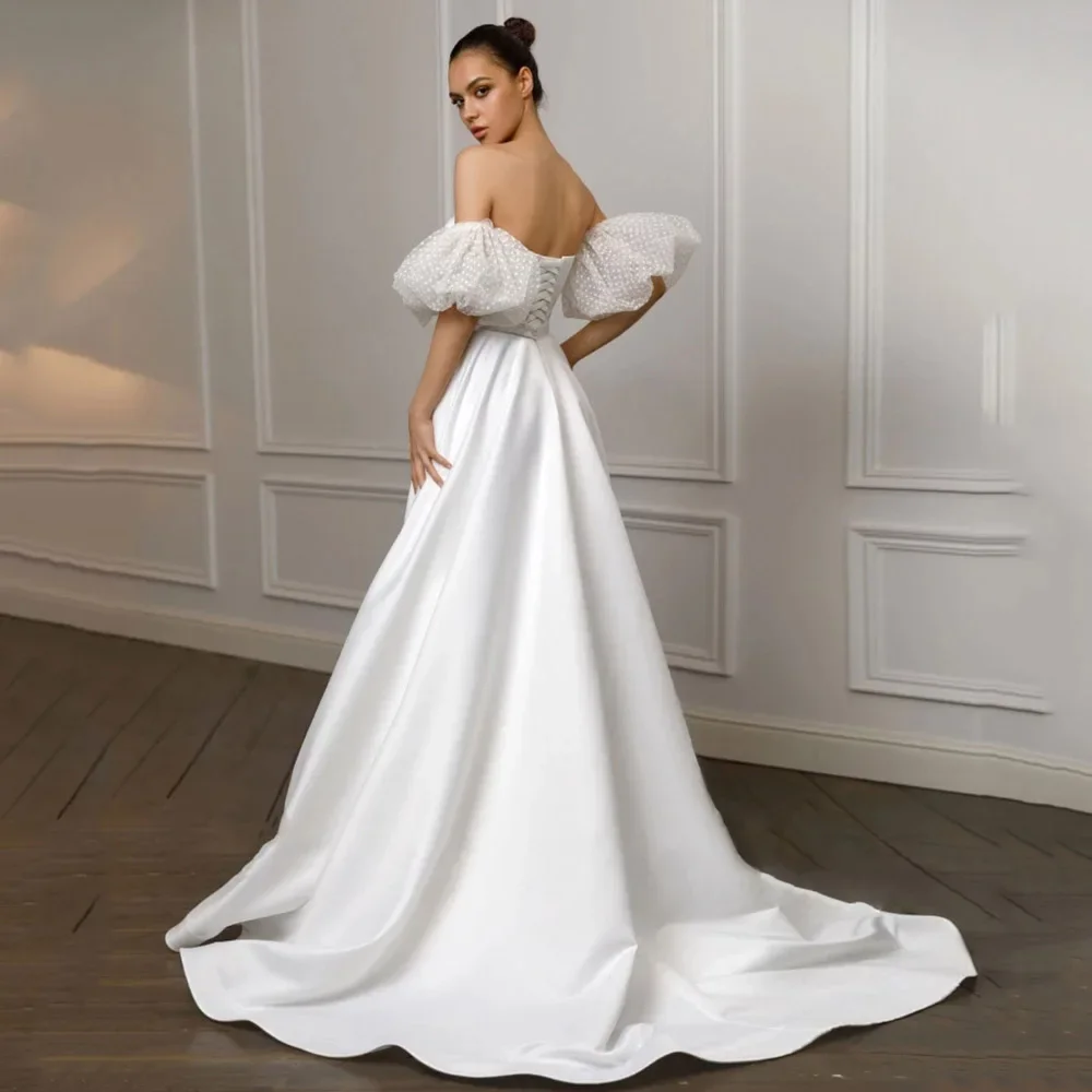 Elegant Strapless Side Split Bridal Gown Short Sleeves A Line Court Train Bridal Gowns Lace Up Back customized Robe De Mariée