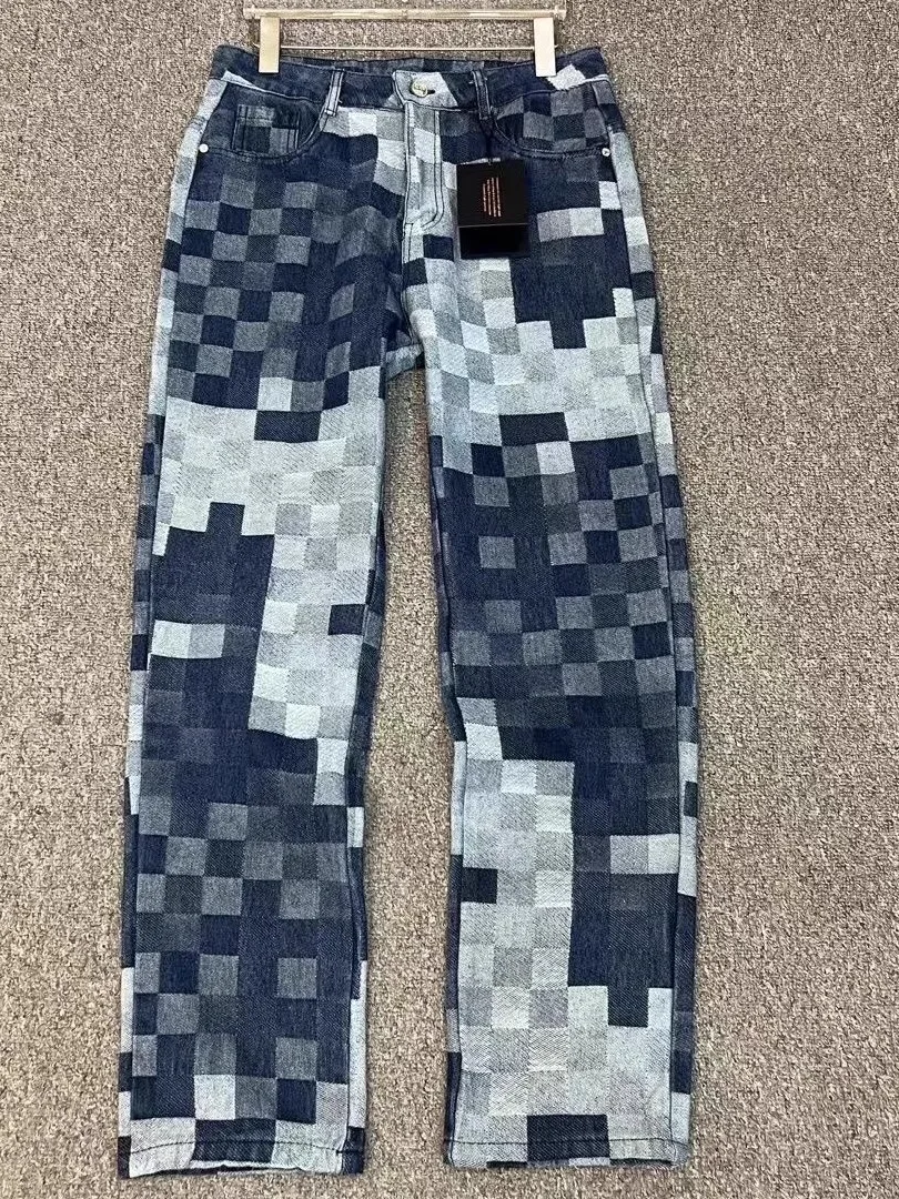 

American High Street Chboard Pattern Loose Straight Leg Casual Jeans for Men Retro Mosaic Design Autumn New Sle