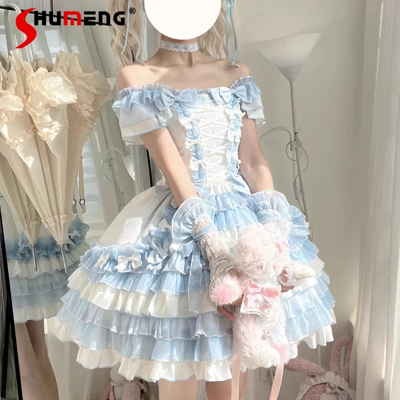 

Japanese Kawaii Blue Lolita Off-Shoulder Dress JSK for Women Girls Slim Fit Cute Bow Birthday Party Dress Vestidos De Fiesta