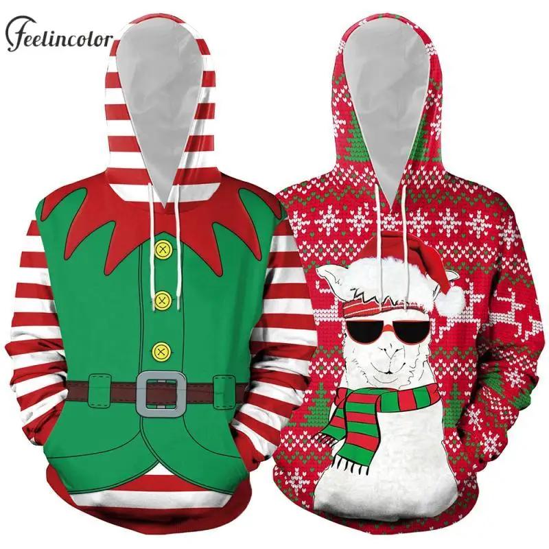 

Christmas Elf Couple Graphic Hoodies Alpaca 3D Print Hooded Pullover Casual Fashion Autumn Sweatshirt Xmas Men Women Clothes