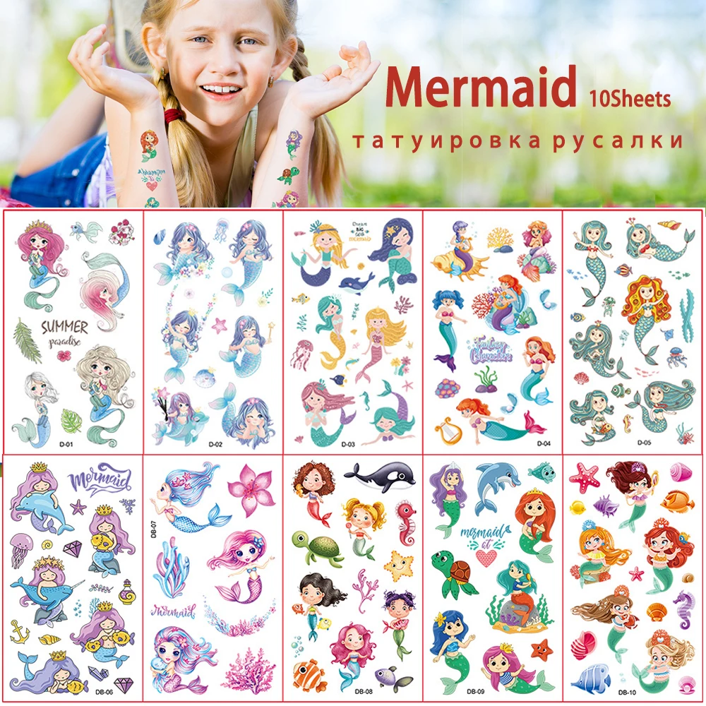 Pegatinas de tatuaje temporal de sirena, bandera, estrella, libertad, ducha, regalo para niños, maquillaje corporal, 10 hojas por juego