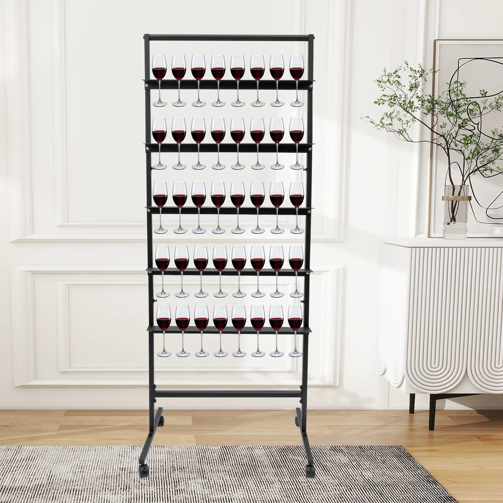 

Bar Glass Rack 5 Tier, Champagne Wall Mounted Holder Black, Rolling Kitchen Storage Cart for Wine Champagne Cup Drying