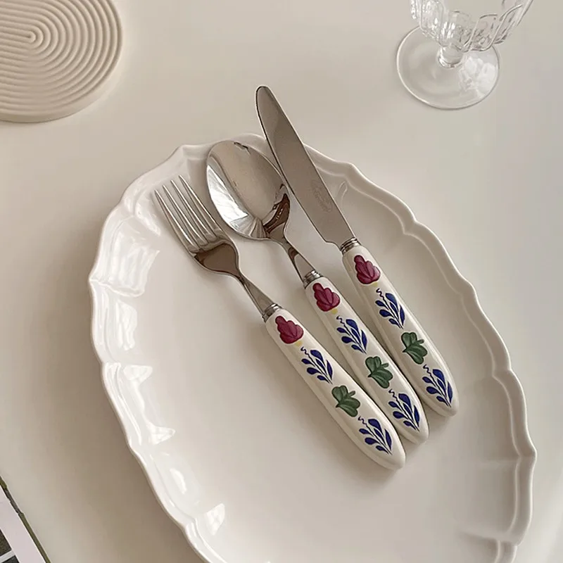 Nordic Flower Stainless Steel Fork Spoon Set  White Vintage Reusable Dinner Porcelain Cutelife Tableware Kitchen Dinnerware