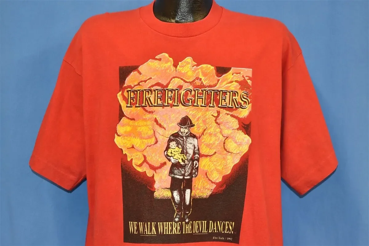 90s Firefighters Walk Where Devil Dances Fireman Baby Smoke 1992 T Shirt Extra Large