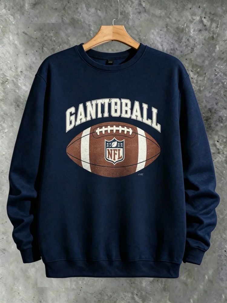 Men's Dark Blue Sweatshirt Distressed Football Shield Logo Print Classic Fit Crewneck Pullover