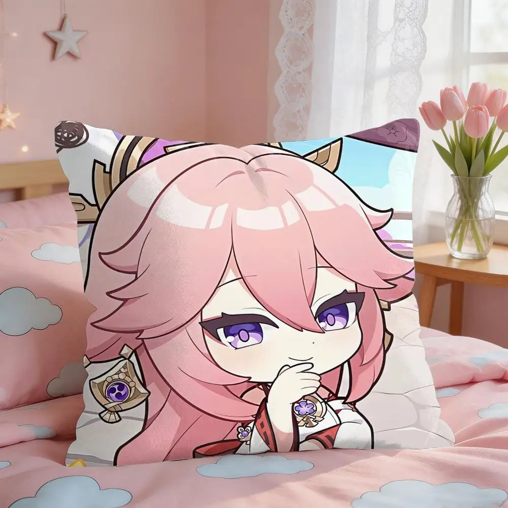 Yae Miko Cute Genshin Impact Cushion Cover Square Short Plush Pillow Case Living Room Sofa Home Decor Funda 40X40
