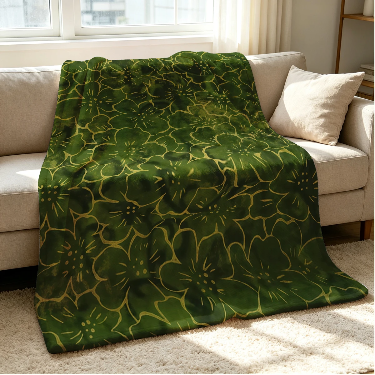Green -Bloom Flannel Blanket Warm Soft Halloween Christmas Couch Warm Cozy Decorative Decor Gift for All Season