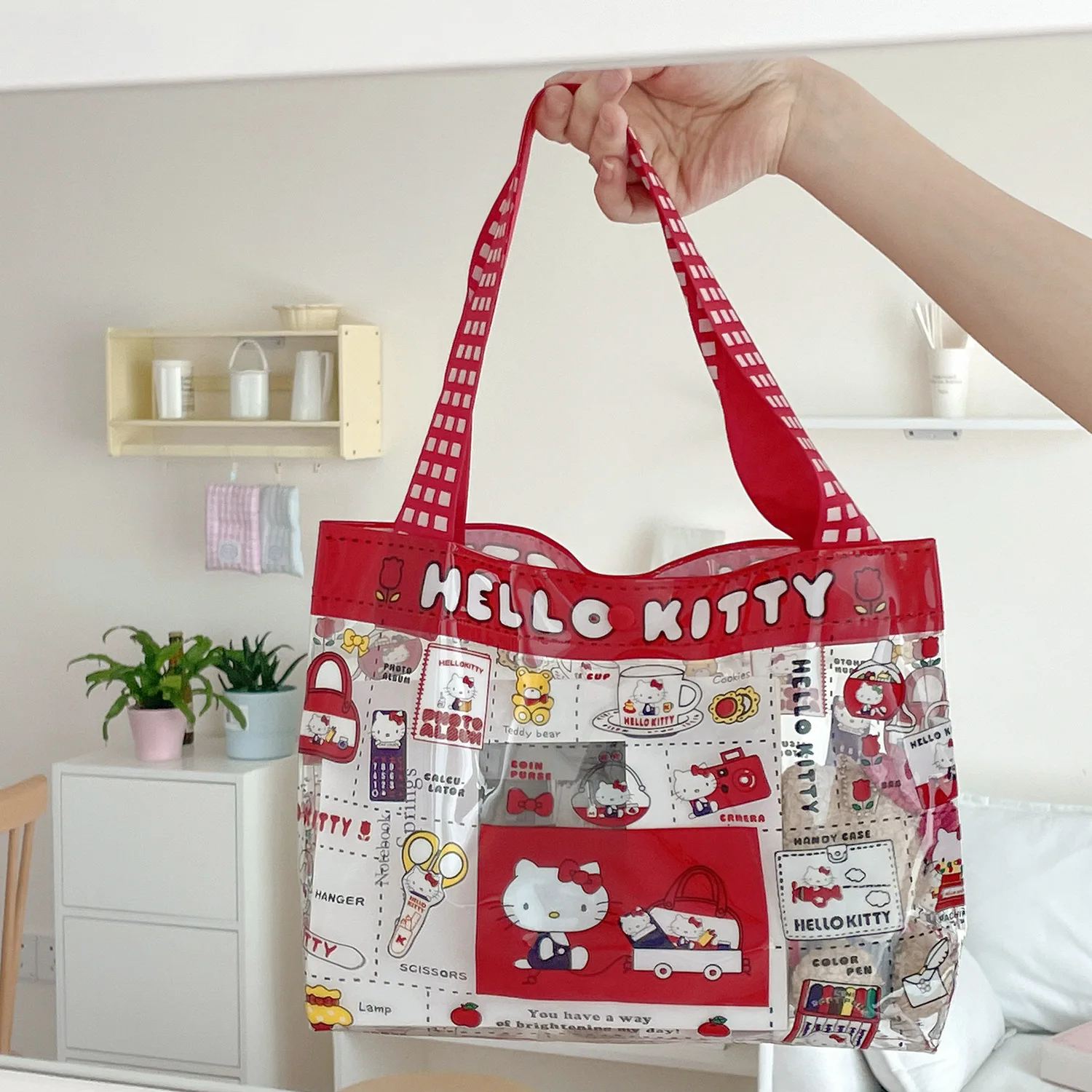 Retro Rote Karierte Hello Kitty Transparente Handtasche Cartoon-Print PVC Wasserdichte Mama-Tasche Schwimm-Aufbewahrungstasche – Detail 3