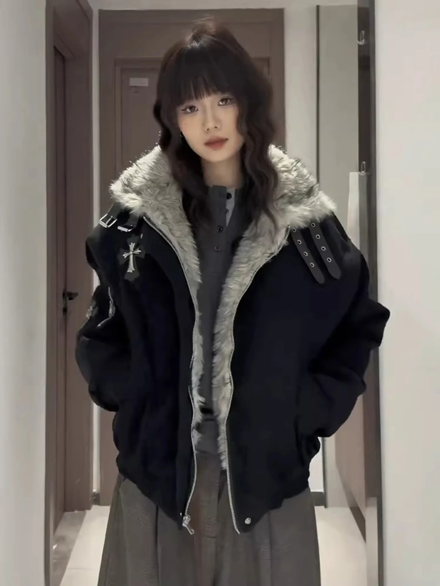 

Men's Thiened ort Flight Jaet Cotton Padded Coat Winter Warm Metal Decorated Zipper Closure Color Casual Outerwear