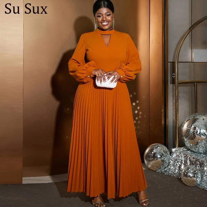 

African Pleated Dresses For Women Elegant Robe Africa Clothing Plus Size Lanter Sleeve Maxi Dress Party 2024 Spring Autumn