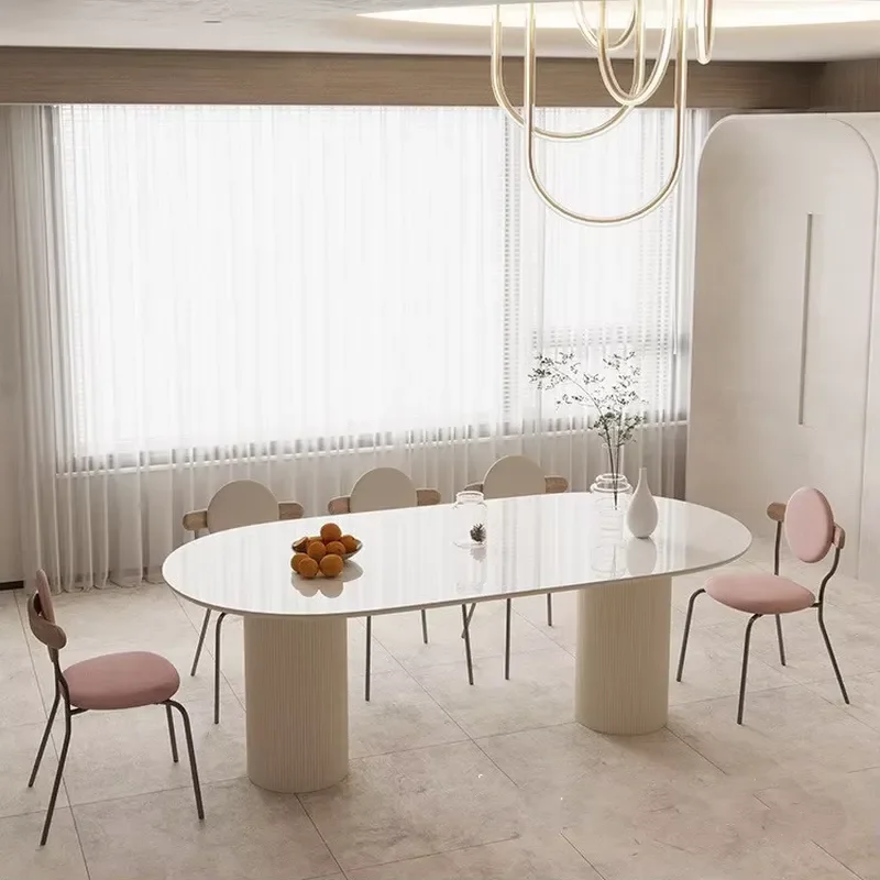 Milky Cream Wind Oval Restaurant Light Rock Slab Roman Column Home Dining Table