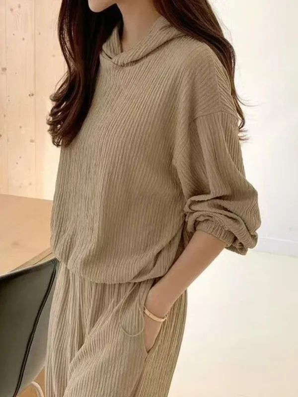 

Korean Fashion Hooded Set Women High Waist Loose Elastic Waist Wide Leg Pants Women Bottom Drawstring Design Texture Shirt