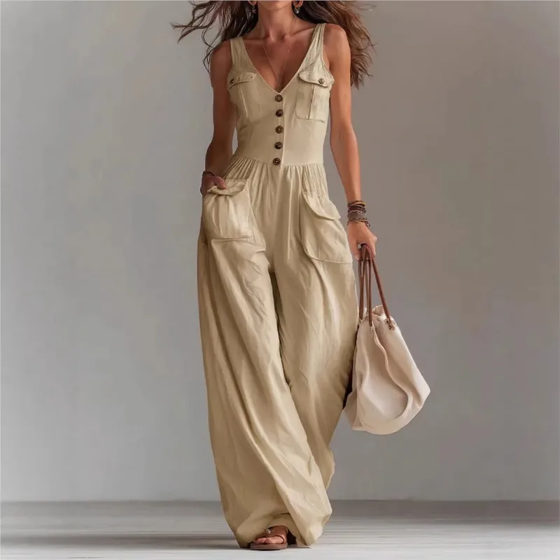 Casual New Solid Women's Jumpsuit Fashion Sexy V Neck Button Front Boho Rompers Summer Sleeveless Pocket Wide Leg Overalls