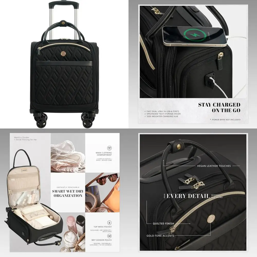 Spinner Carry-On Luggage 18x14x8 Inches, USB Charging Ports, Padded Laptop Pocket, Airplane Personal Item Bag