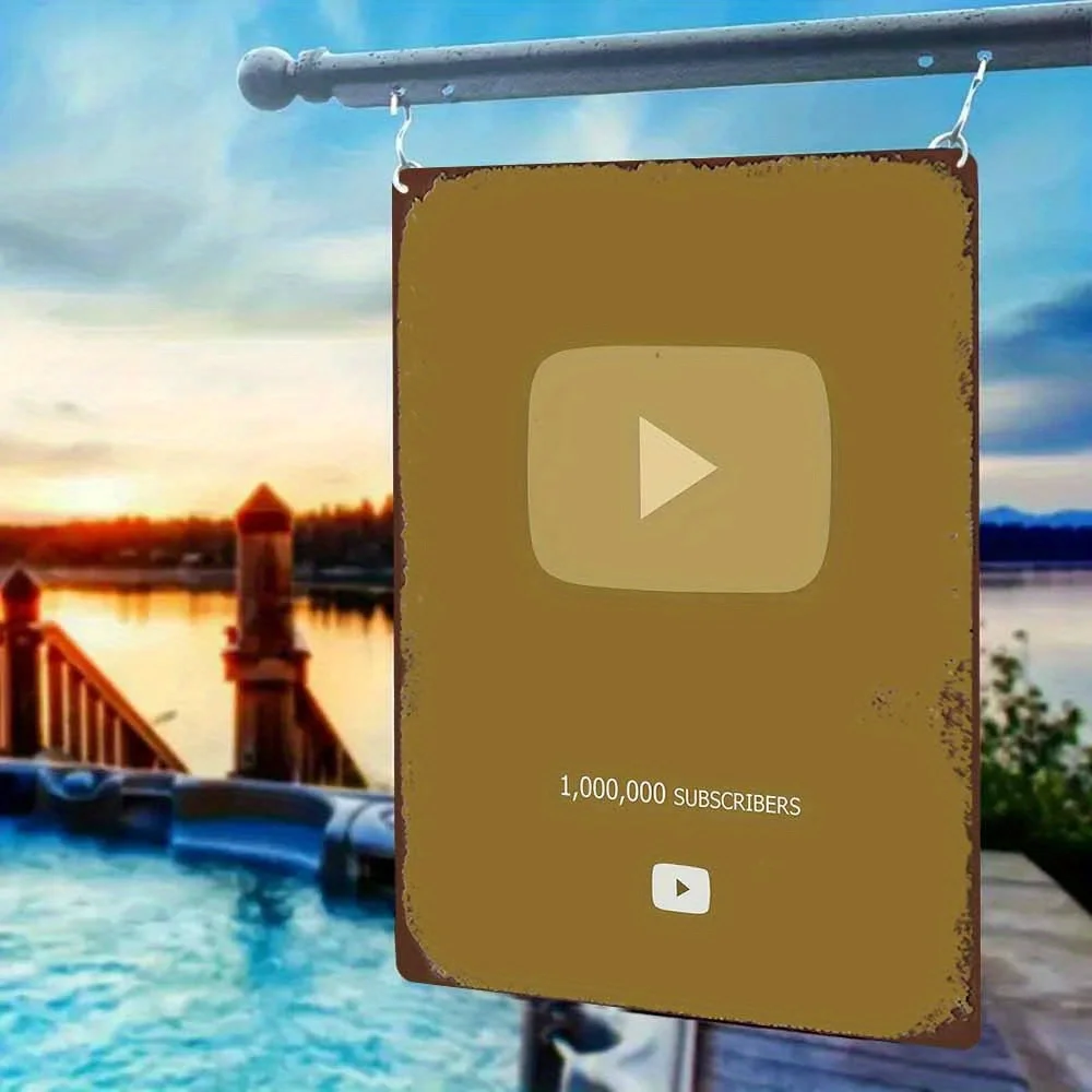 علامة معدنية ريترو 2D مسطحة يوتيوب مليون المشتركين لوحة القصدير جدار ديكور فني للمنزل مكتب مقهى في الهواء الطلق 12x8 بوصة #4