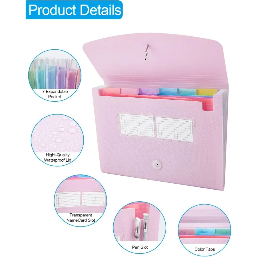 2 قطعة منظم ملفات الأكورديون 7 جيب توسيع مجلد الملفات مع تسميات A4 حجم الرسالة ورقة وثيقة تخزين استلام المنظم