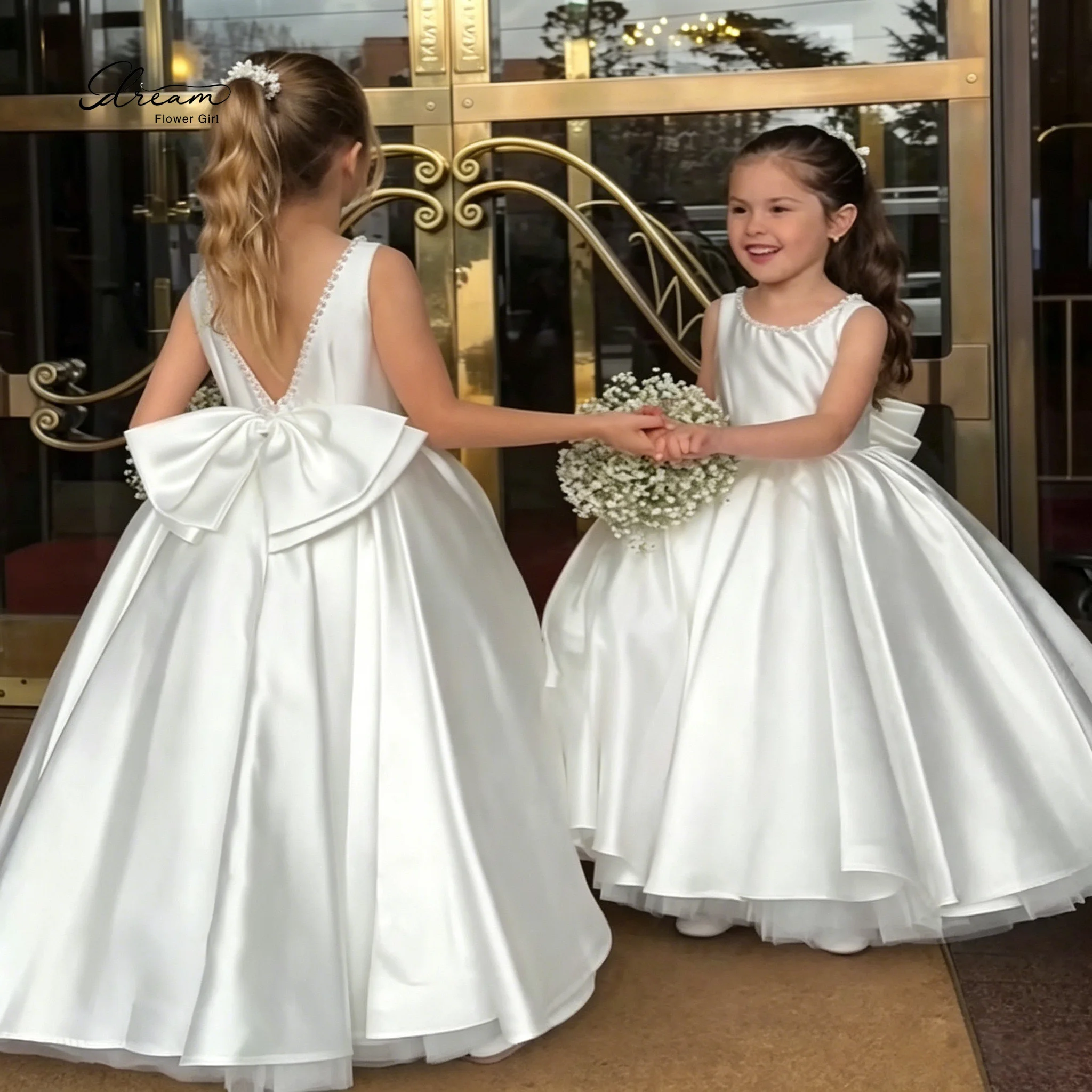 

Elegant White Sleeveless Floor Length Princess Gown Formal Children's Attire featuring a Floral Open Back and Back Bow Tie