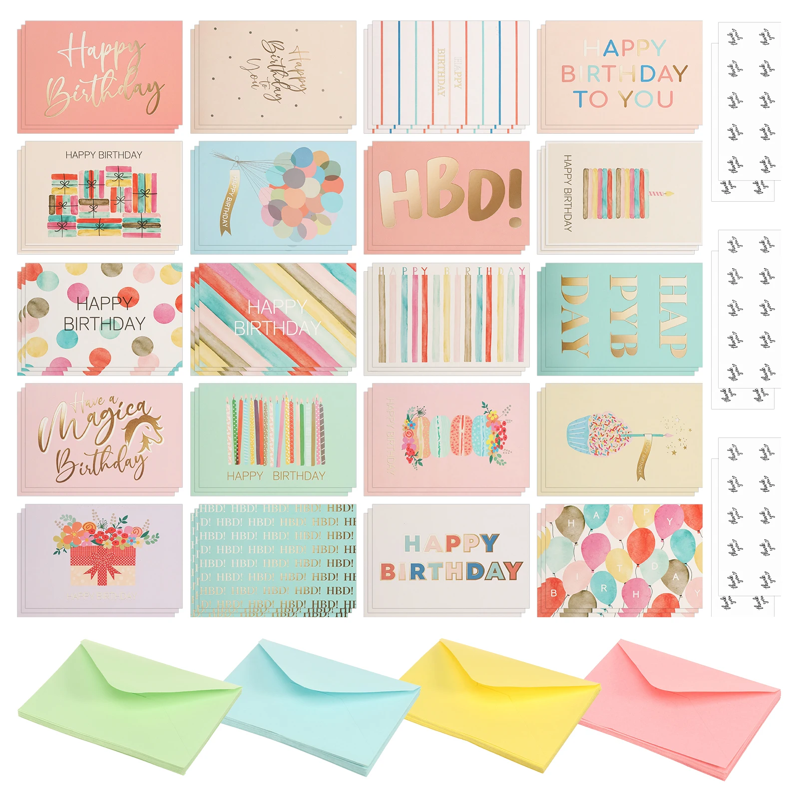 36/60Pcs Thick Cardstock Happy Birthday Cards Multipack Assorted Birthday Artwork Blank Greeting Card with Envelope Seal Sticker