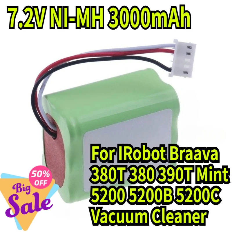 

7.2V NI-MH 3000mAh Battery for IRobot Braava 380T 380 390T Mint 5200 5200B 5200C Vacuum Cleaner Upgraded 2000MAH NI-MH Battery