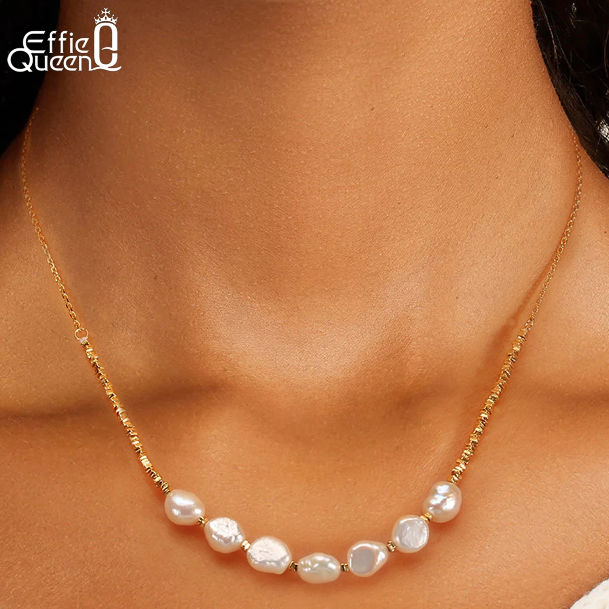 

EFFIE QUEEN 925 Pure Silver 14k Gold Baroque Pearl Chain Choker Necklace Natural Jewelry for Women Wedding Party Banquet GPN69