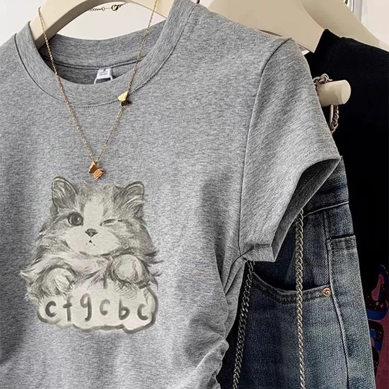 Cute Cat Printed Women Short Sleeve T-Shirt Stylish Plaid Spliced Cropped Tops Fashion Side Shirring Waist Tight Slimming Tees view 4