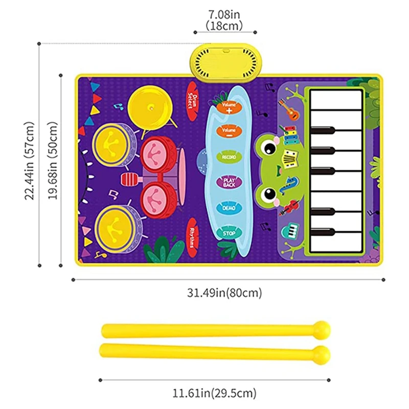 아기 장난감, 유아 피아노 키보드 및 드럼 바닥 매트, 스틱 포함, 초기 음악 학습 감각 장난감, 1-3 세
