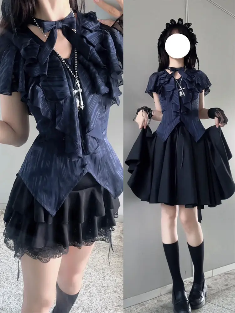 

Gothic Dark Retro Two-piece Suit For Women High Street Blue Slim Shirt College Style Hot Girl French Ruffle Lace Short Skirt Set