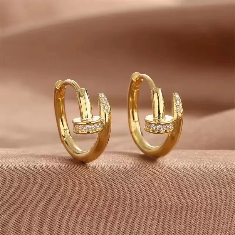 Charming Shiny Crystal Round Hoop Earring For Women Minimalist Nail Shaped Earrings Gold/Silver Trendy Jewelry