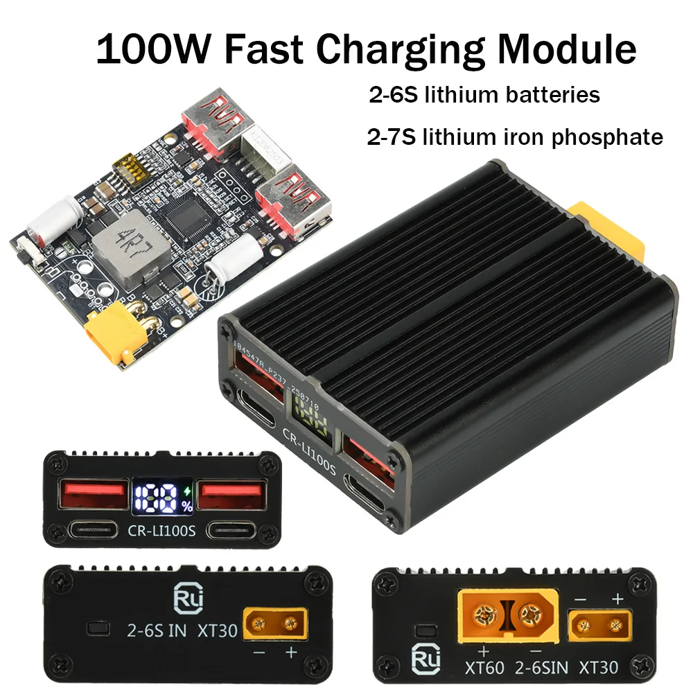 2-7S 100W Fast Charging Module Power Bank Motherboard Dual USB+Type-C Lithium Battery Charger Board XT30/XT30+XT60 Port