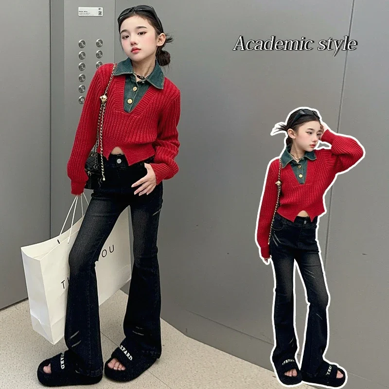 

Girls' winter foreign style plush jeans set fashionable children's clothing knitted sweater two-piece set 2024 autumn