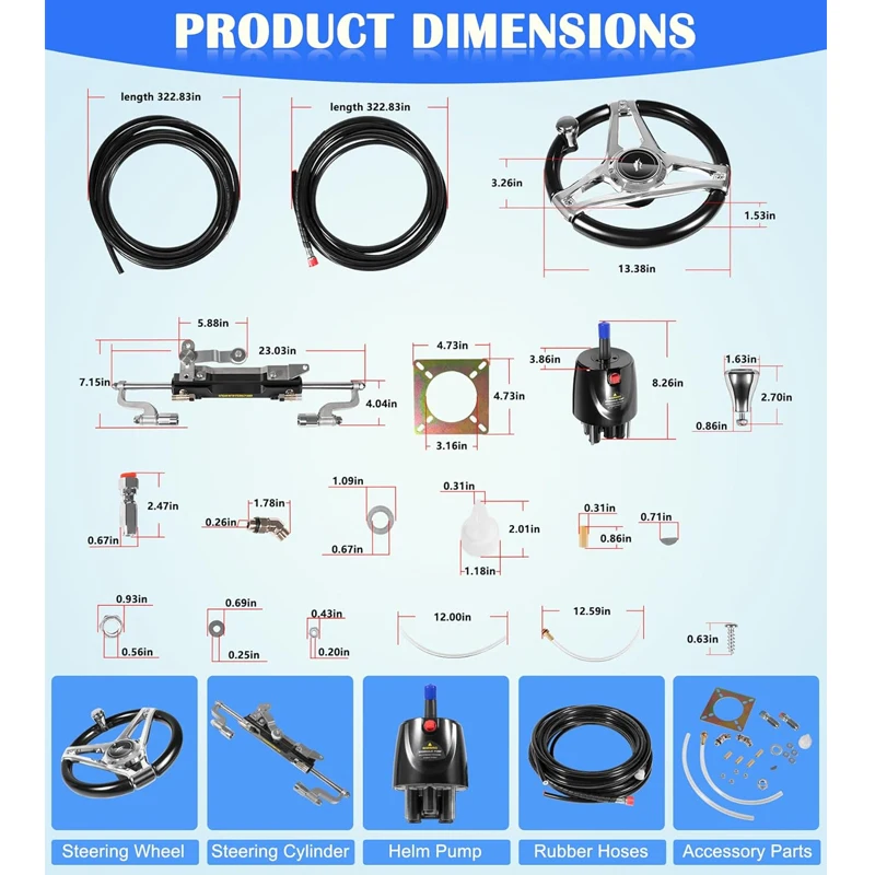 Nony Outboard 350HP Boat Outboard Hydraulic Steering System Kit Fits for Most Single-Outboard Powered Boats