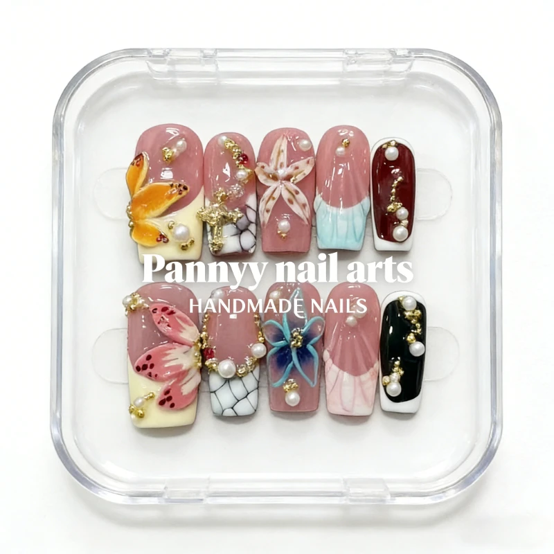 

10Pcs Square Handmade Press on Nails Blush Pink Butterfly Garden Design with Pearl Gold Foil Decor Reusable Fake Nail Tips