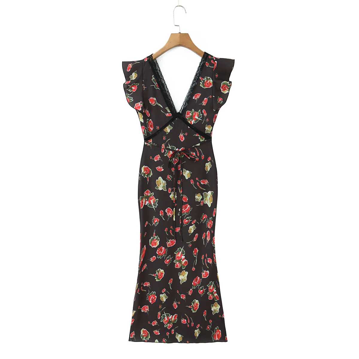 新しいフレンチヴィンテージ黒花柄プリントスプライスレース V 襟フリル半袖ドレス女性ミディドレスファム Vestidos