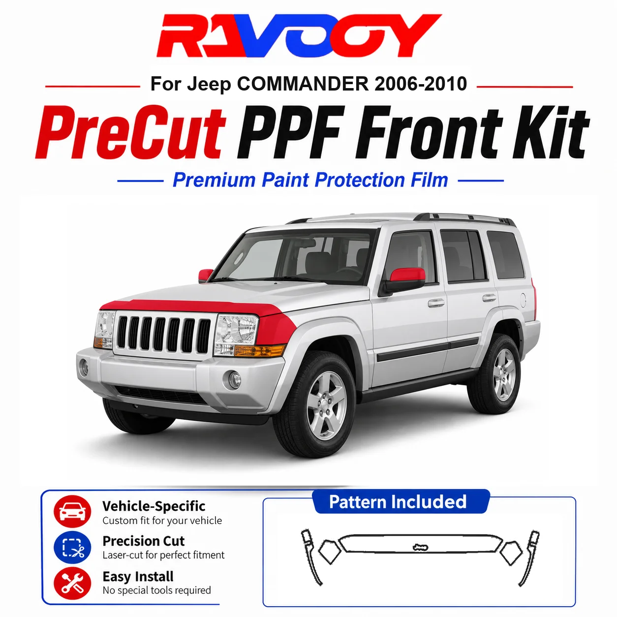 

8.5mil TPU Precut PPF Kit For Jeep COMMANDER 2006-2010 - Hood, Fenders & Mirror Set - Self-Healing Clear Bra Film