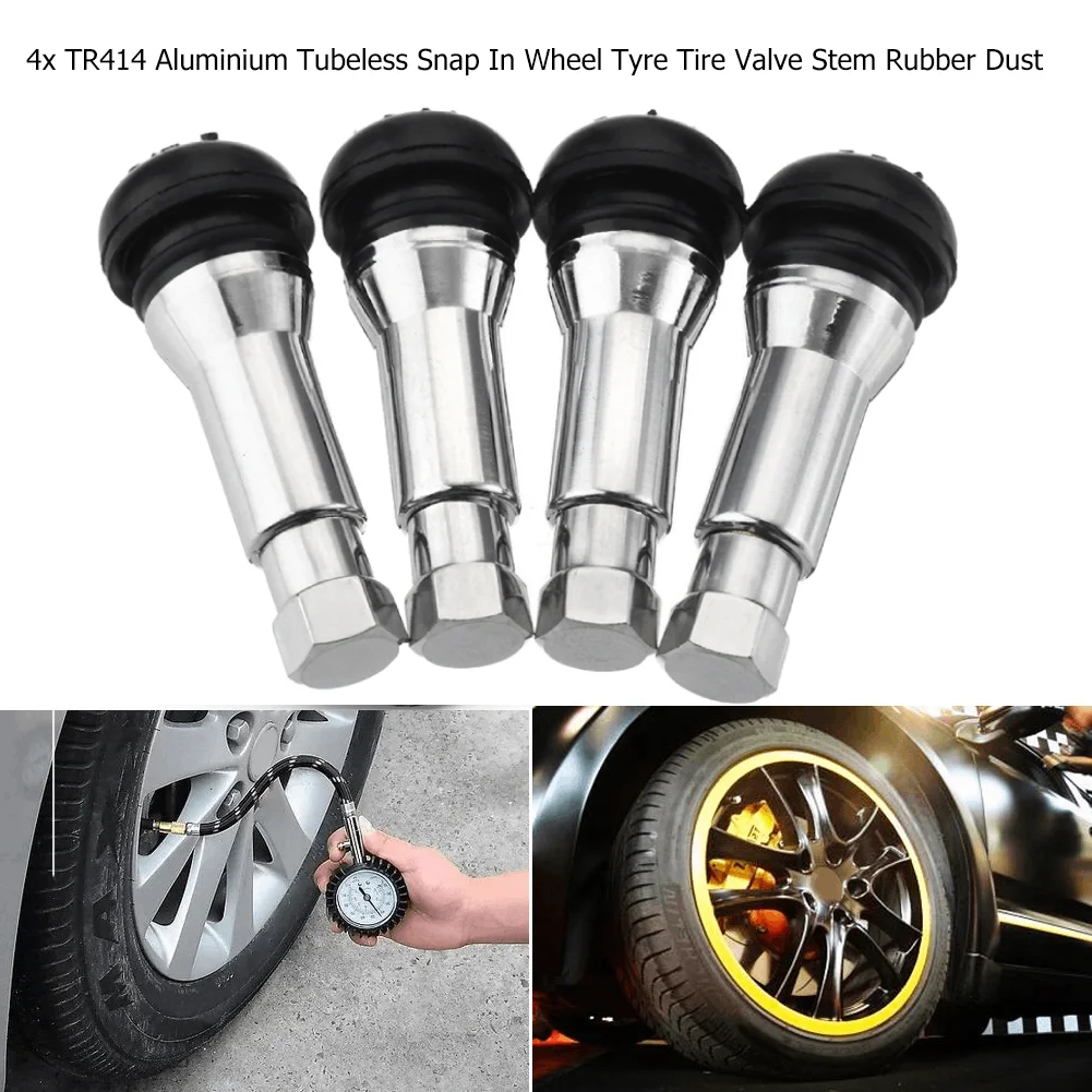 

4Pcs TR414 Chrome Aluminium Tubeless Tyre Valve Stem Cap Snap In Wheel Tire Valve Core Stems Rubber Dustproof Cover