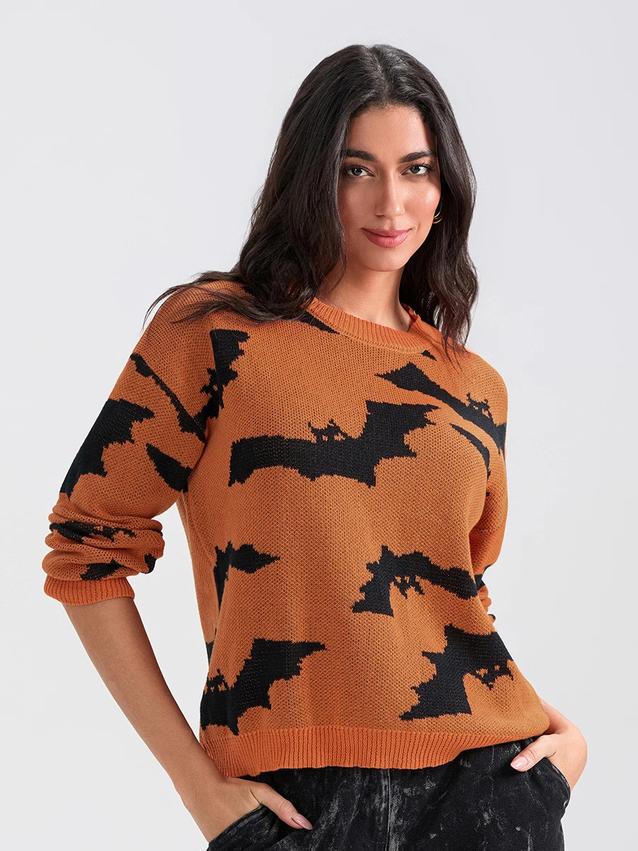 Langarm pullover Frauen niedlich Halloween gedruckt Grafik pullover lässig lose Basic Pullover warme Strickwaren Tops