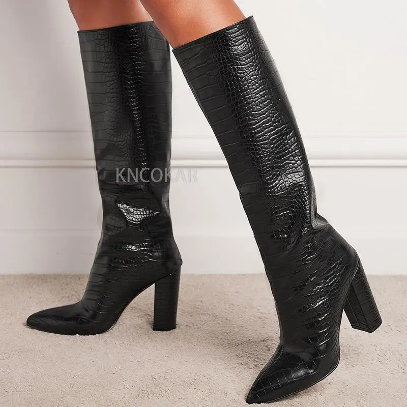 2023 Pointed Toe Chunky Over-the-knee Boots Lychee Pattern High-heeled Boots Fashion Same pointed thick heeled knee length