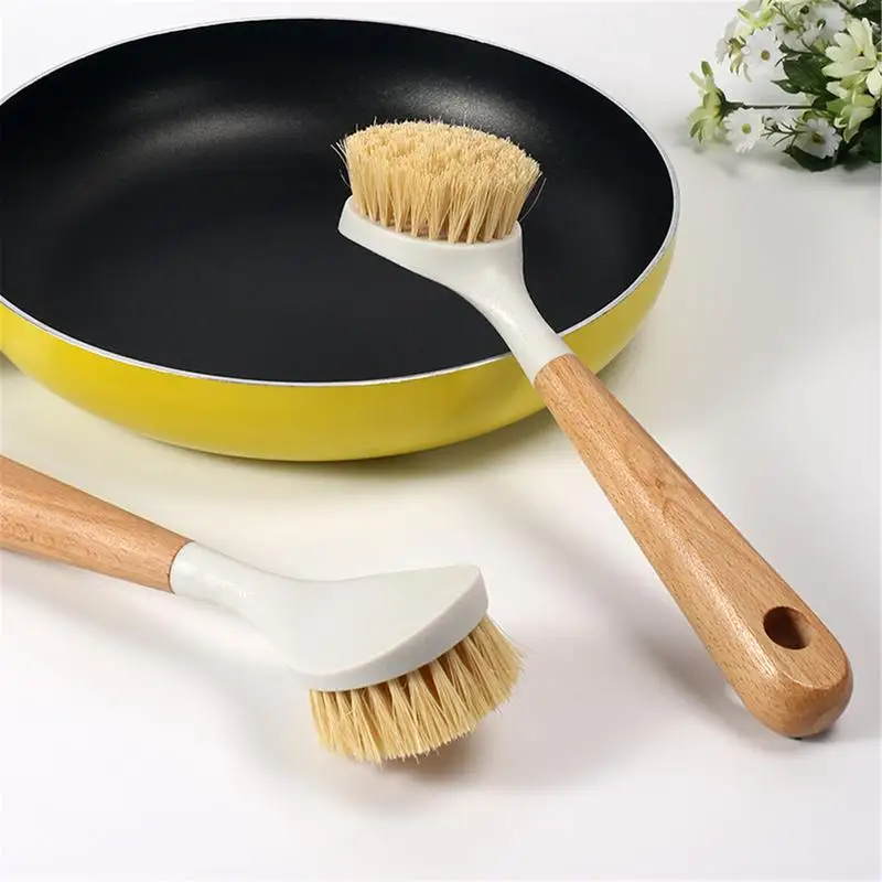 Wooden Pot Washing Brush With Long Handle Kitchen Dishes Cast Iron Pots, Pans Scrubber Cleaning Tools Household Accessories