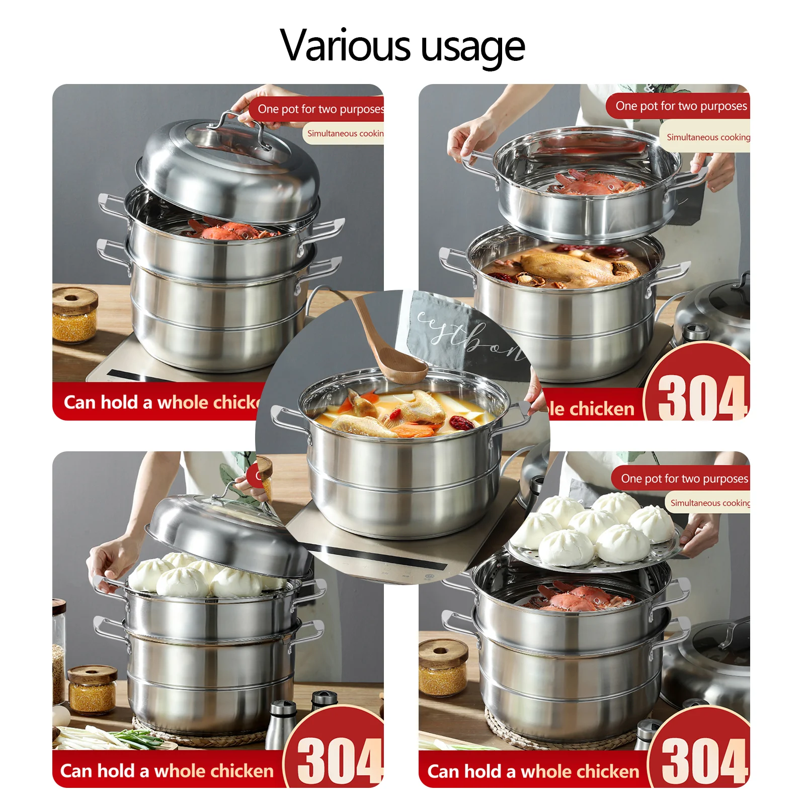 Steamer Cooker Steam Pot Kit Stainless Steel Kitchen Cookware Hot Pot 5 Tier