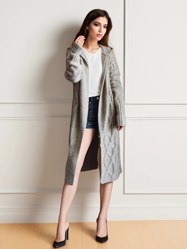 

Autumn and Winter Women's New Hooded Knitted Long-sleeved Sweater Medium and Long Zipper Cardigan Women's Solid Color Coat