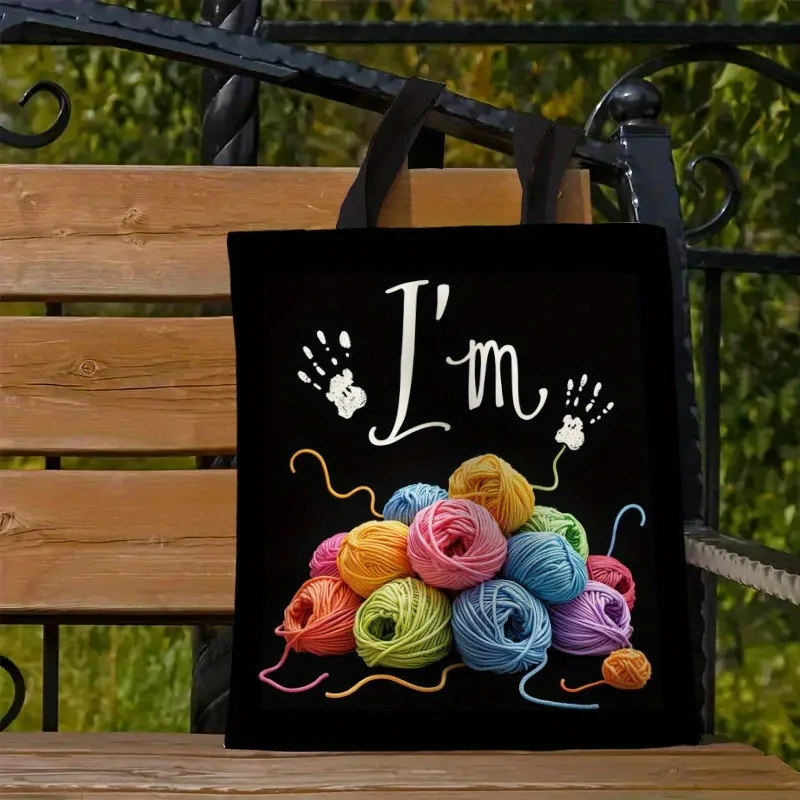 Women's Knitting Crochet Craft Tote Bag 2D Print Design with Yarn Balls, Needles & Tools Durable Polyester Casual Shoulder Bag
