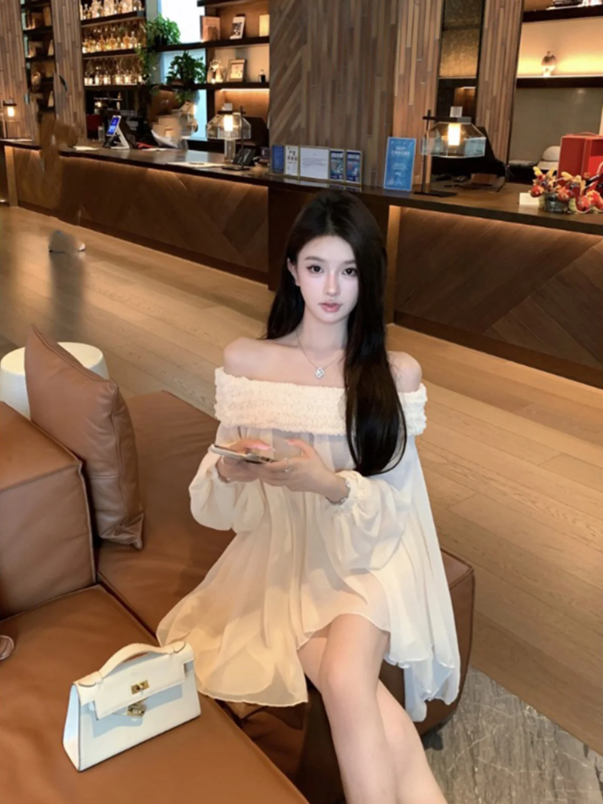 

Elegant Sweet One-Shoulder Women's Shirt Spring New Loose Chiffon Top Asymmetrical Design Korean Style Long Sleeve Blouse