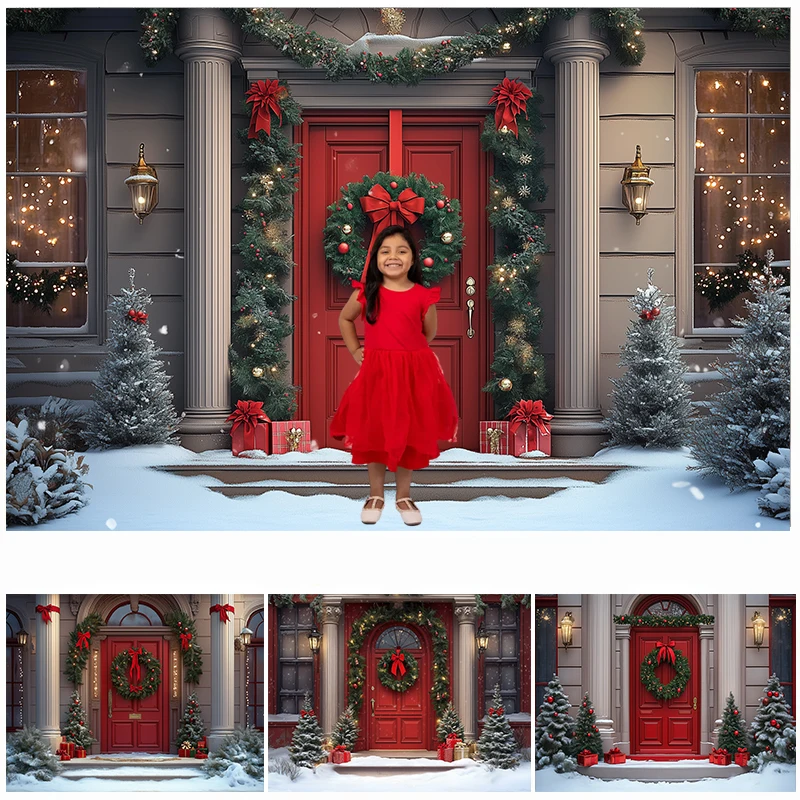 

LS Photography Background Christmas Garden Snowy Red Wooden Door Wreath Decor Xmas Holiday Family Portrait Photo Backdrop Studio