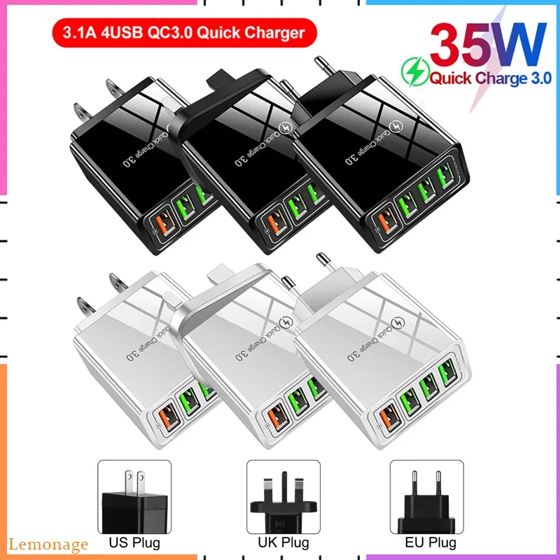 

4.1A QC 3.0 4 USB Port Fast Charging Universal EU US UK Power Plug Adapter Travel Phone Charger Adapter Wall Charg