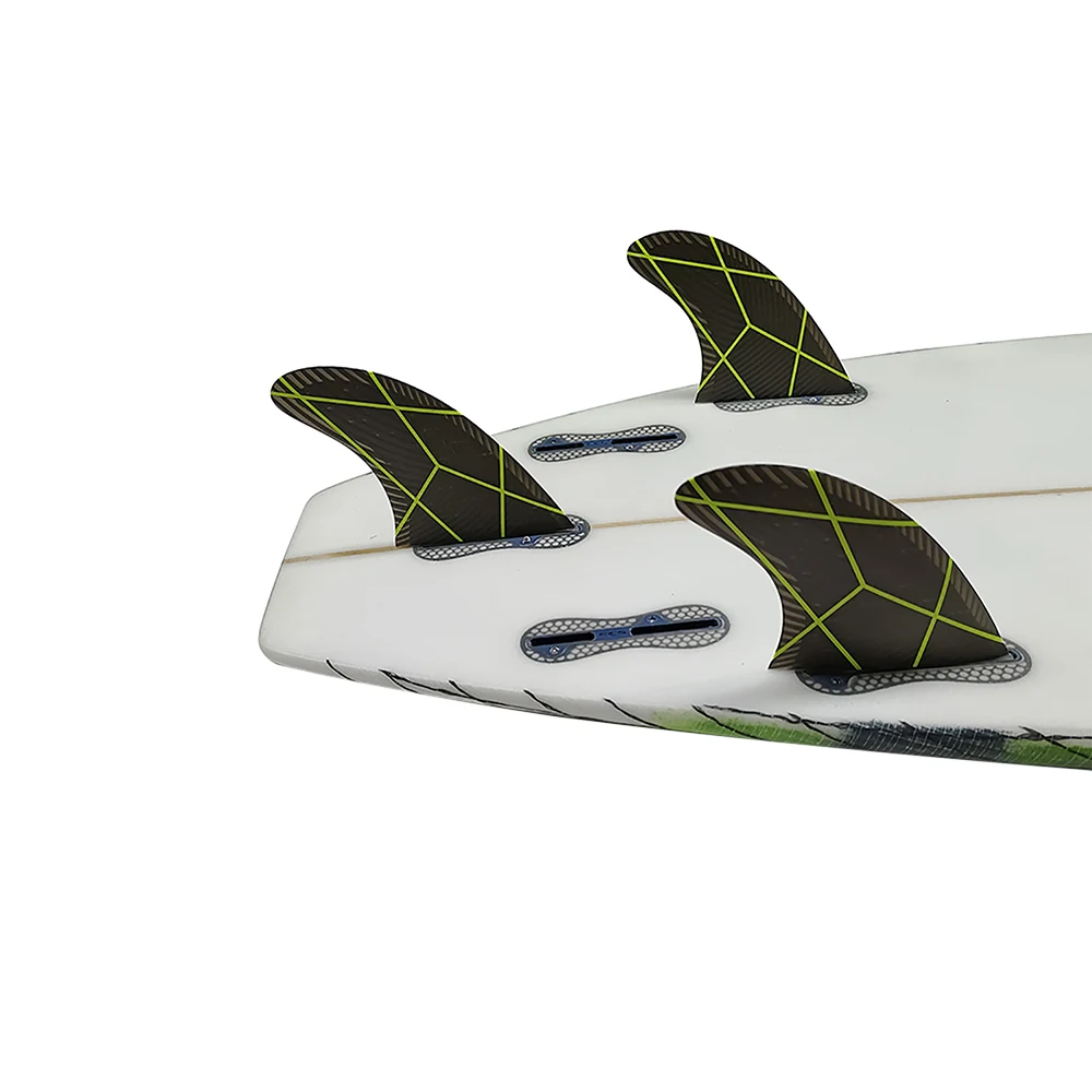 Фото Плавники для серфборда UPSURF G5 G7 FCS2 Double Tabs Base Tri Fins, размер M/L, карбон, стекловолокно, сотовая структура, черно-зеленый дизайн с линиями и сеткой