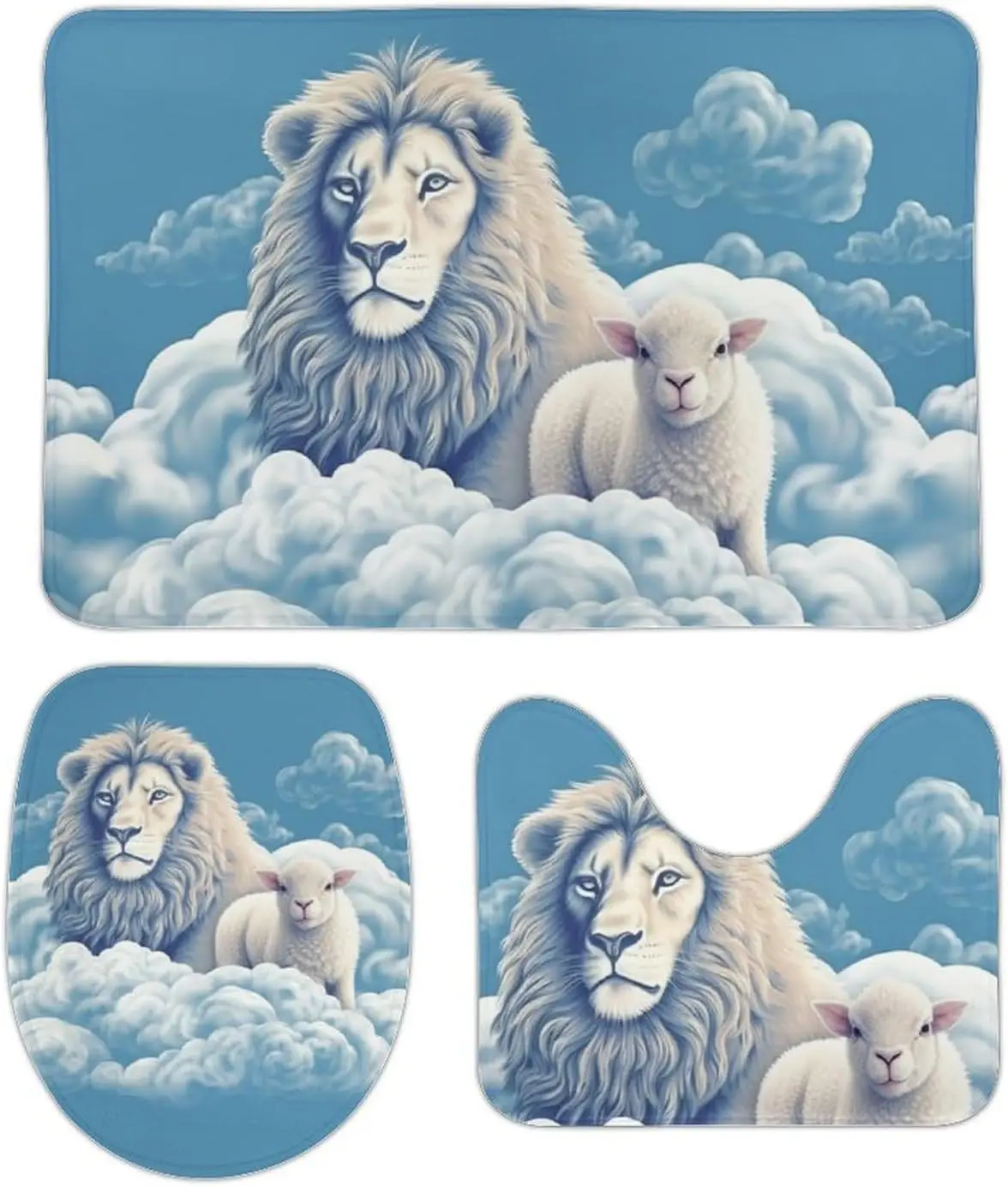 3 Piece Bath Rug Set Non Slip Absorbent Bath Mat Contour Mat with Toilet Lid Cover Lamb with A Lion On The Clouds Soft