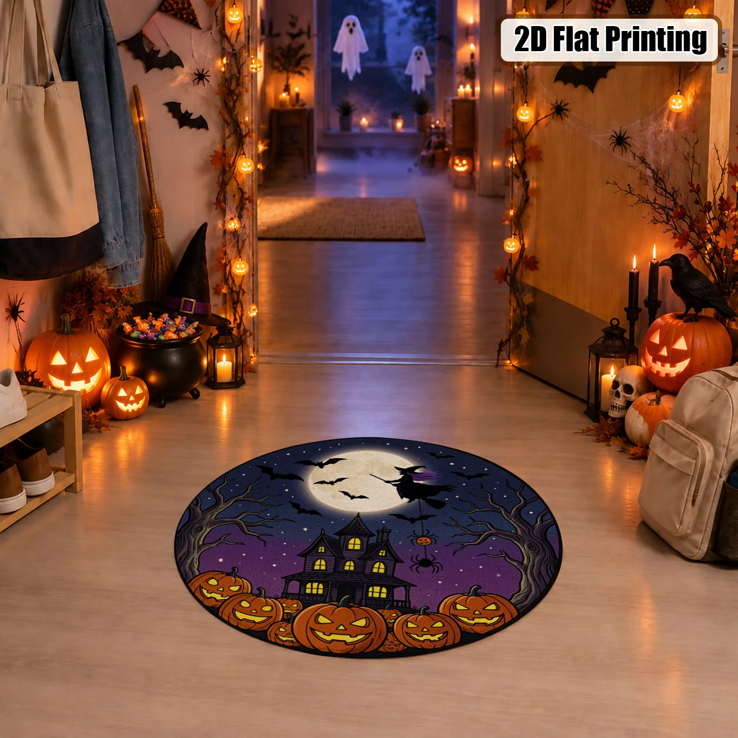 Halloween Witch Haunted House Pumpkin Bat Pattern Round Velvet Rug Machine Washable for Living Room Bedroom Dining Room Entryway Perfect for Halloween Thanksgiving Black Friday Cyber Monday Christmas New Year